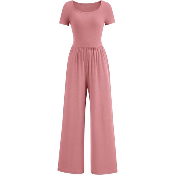 Pants - Women's Dusty Pink Summer Short Sleeve Square Neck Wide Leg Rompers Jumpsuits